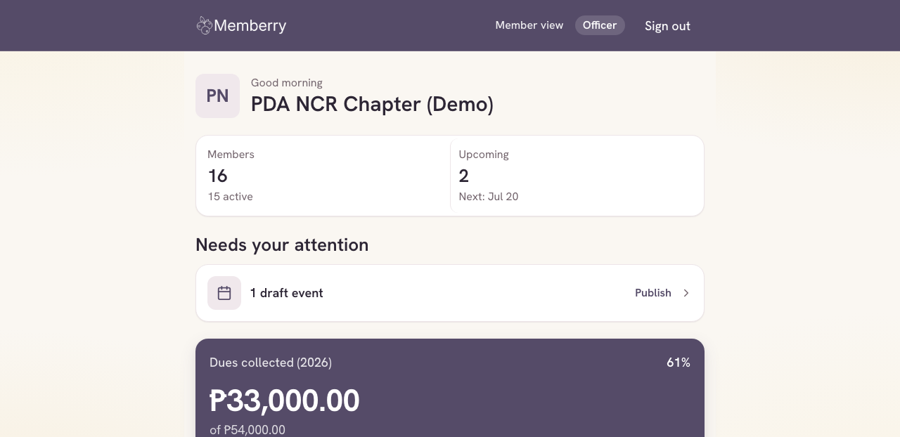 The Memberry officer dashboard for PDA NCR Chapter in a web browser: 16 members, 2 upcoming events, and a dues card reading 61 percent, ₱33,000.00 collected of ₱54,000.00.