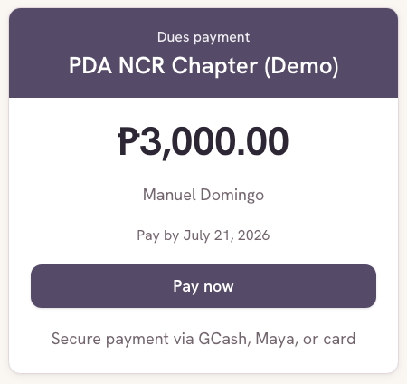 A Memberry pay-link as a member sees it on a phone: PDA NCR Chapter, dues payment of ₱3,000.00 for Manuel Domingo, pay by July 21, a Pay now button, and a line reading secure payment via GCash, Maya, or card.